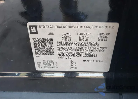 2019 Chevrolet Equinox Lt из США, поврежденный, VIN 3GNAXVEX3KL228641